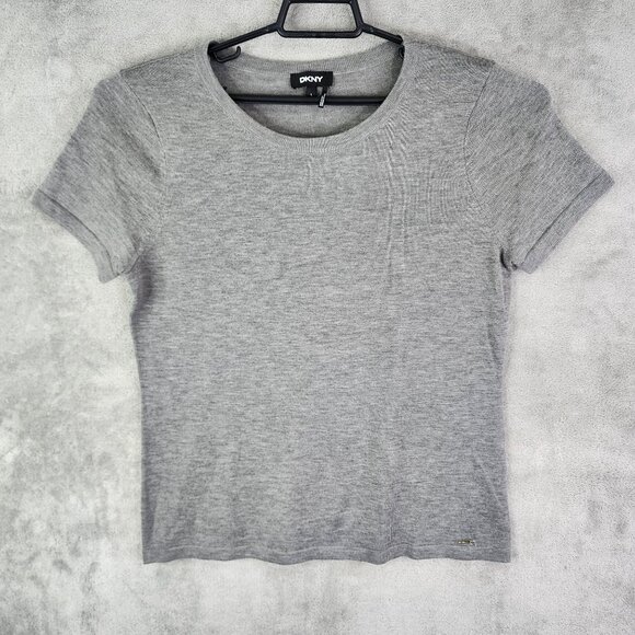 Women's Grey DKNY Acrylic Shirt Short Sleeve Crew Neck Size L - Picture 3 of 13